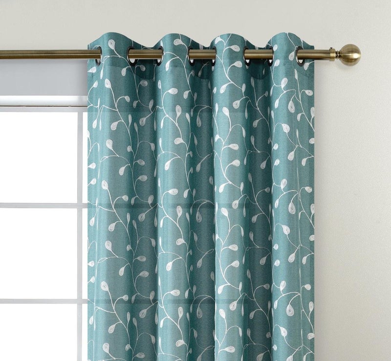 MIUCO Floral Embroidered Semi-Sheer Curtains Faux Linen Grommet Curtains for Living Room 52 x 84 Inch 2 Panels Set, Teal - Image 3